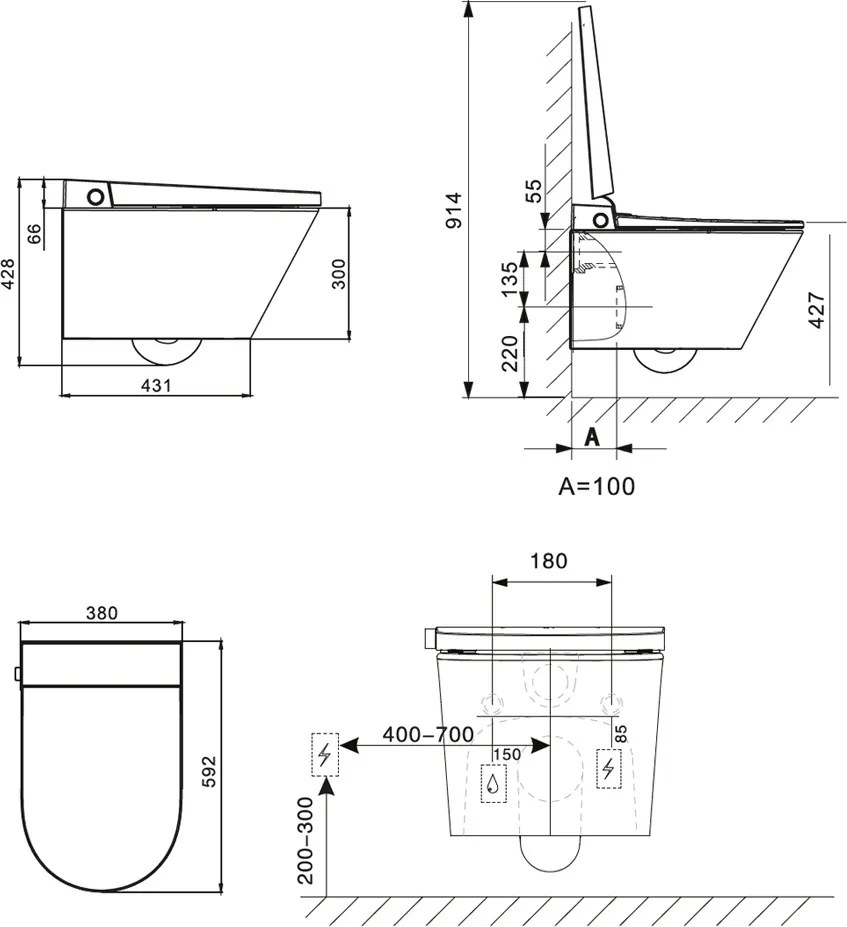 Mereo Mereo, WC s integrovaným elektronickým bidetom, RIMLESS, 592x380x430 mm, keramické, so sedátkom, MER-VSD110S2