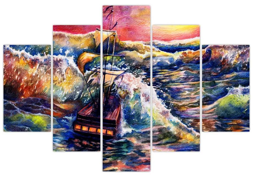 Obraz - Loď na oceánskych vlnách, aquarel (150x105 cm)
