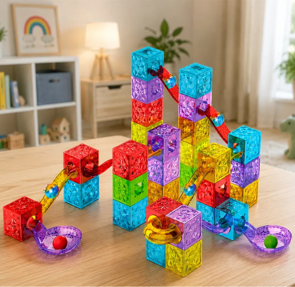 LEAN Toys Magnetické stavebné kocky – kocky, guľôčková dráha, farebné, 60 ks.