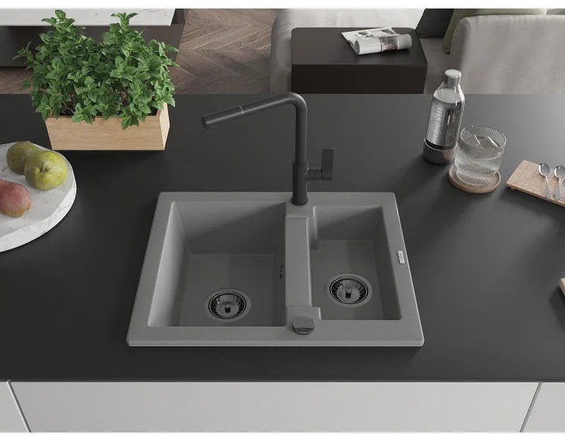 Mexen Carlos, 1,5-komorový granitový drez 582x475x177 mm a drezová batéria Flora, šedá, 6518-71-670401-70-B
