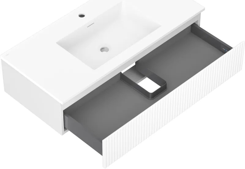 Mexen Rivel, kúpeľňová skrinka 100 cm s umývadlom Otis, 1 zásuvka, drážkovaná, biela matná, 91A20-10023-1-BF01-W18M01