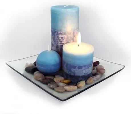 TORO Darčekový set 3 sviečky, vôňa čučoriedka, na sklenenom podnose s kameňmi