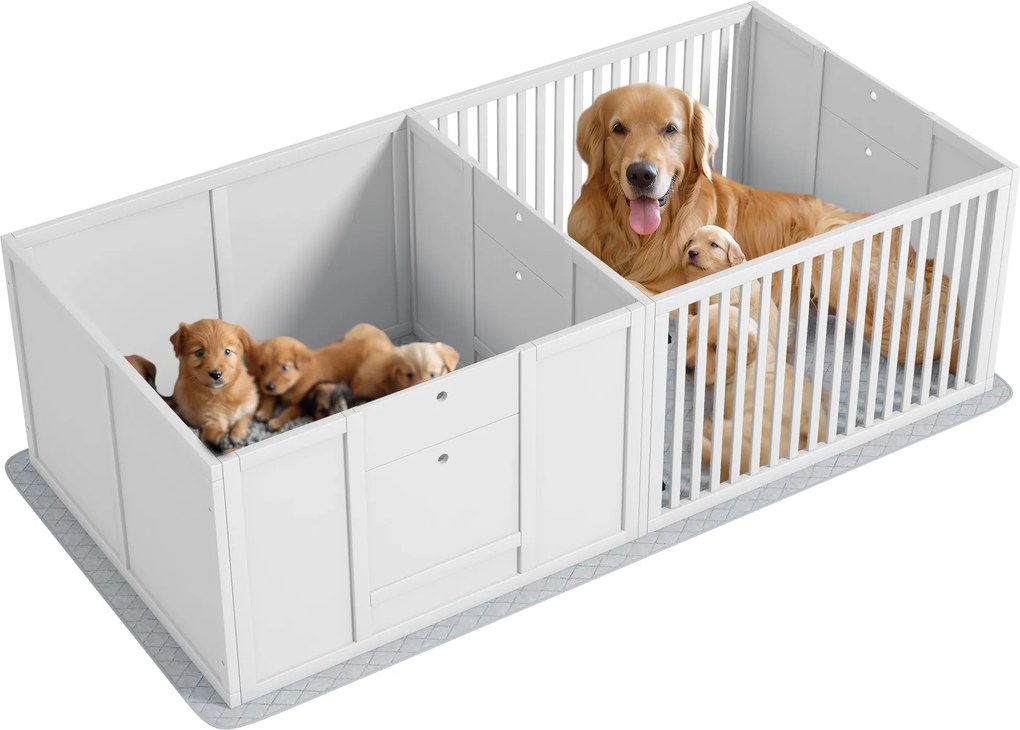 PawHut Box pre šteniatka s vodotesnou podložkou, psí výbeh s dverami, box pre welping šteniat, výbeh pre malé a veľké psy, 160x80x50 cm, Biela | Aosom