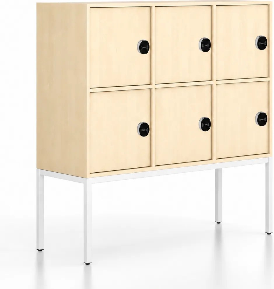 Kancelárska skriňa FRAME, nízka, biela podnož, 6x dvere, 1299 x 450 x 1331 mm, RFID zámok, breza