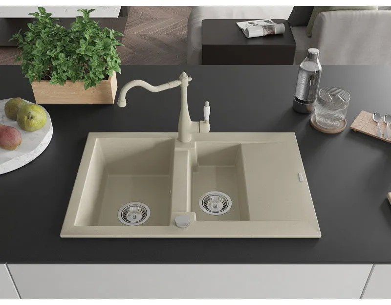 Mexen Gaspar, granitový drez 752x436x161 mm, 1,5-komorový a drezová batéria Carla, béžová, 6507-69-670700-69