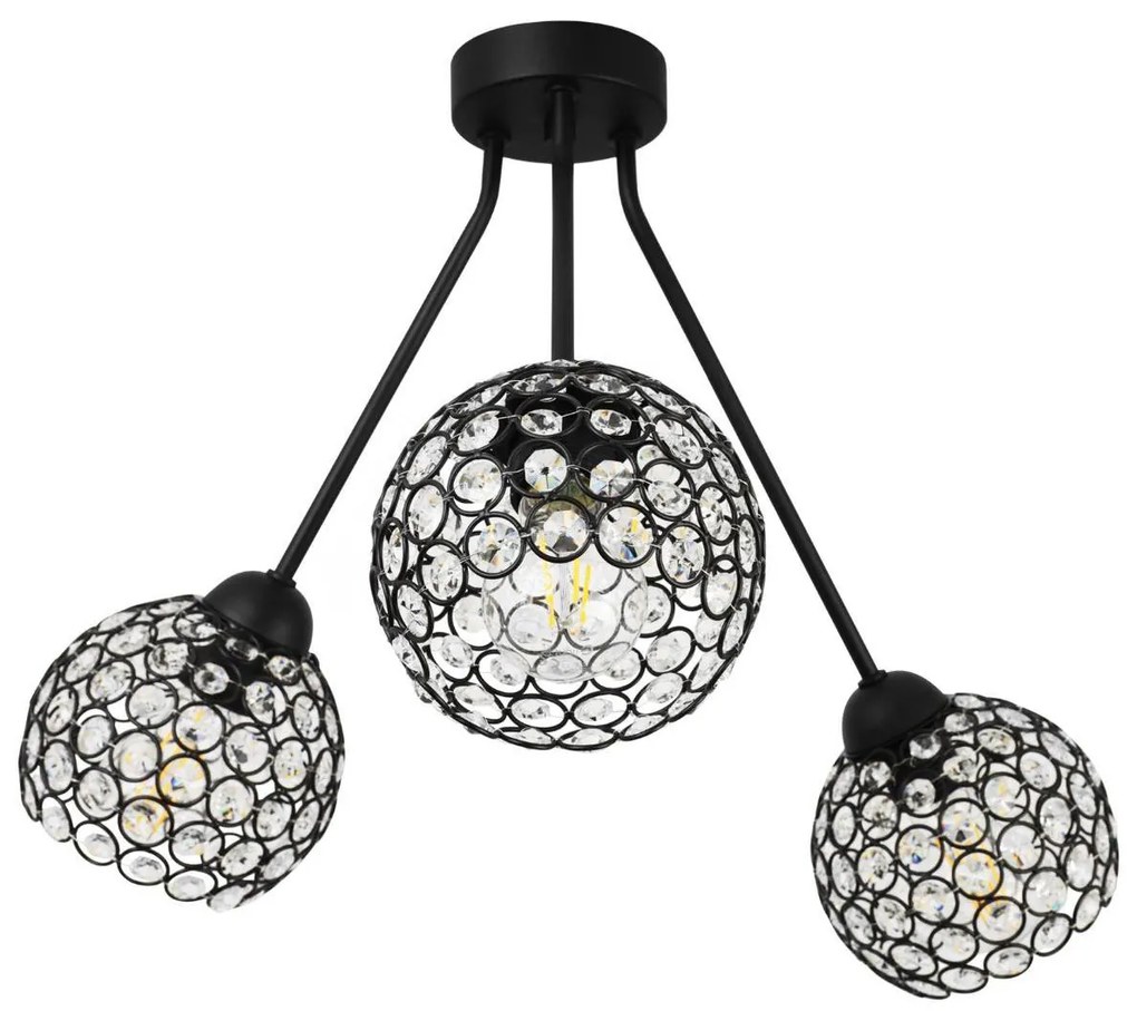 Stropné svietidlo Crystal Trio, 3x čierne krištáľové tienidlo
