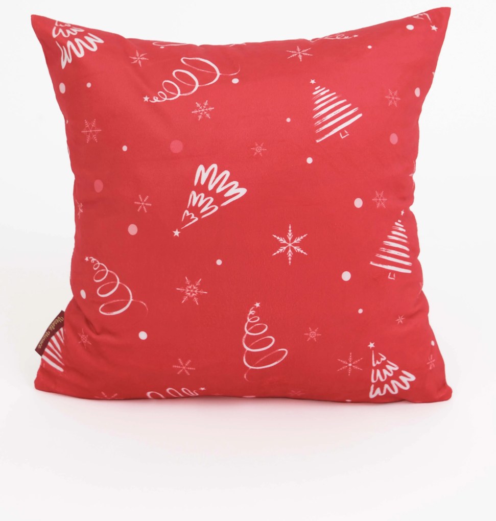 Vianočná obliečka na vankúš Velvet 40 × 40 cm - Vločky a stromčeky červené