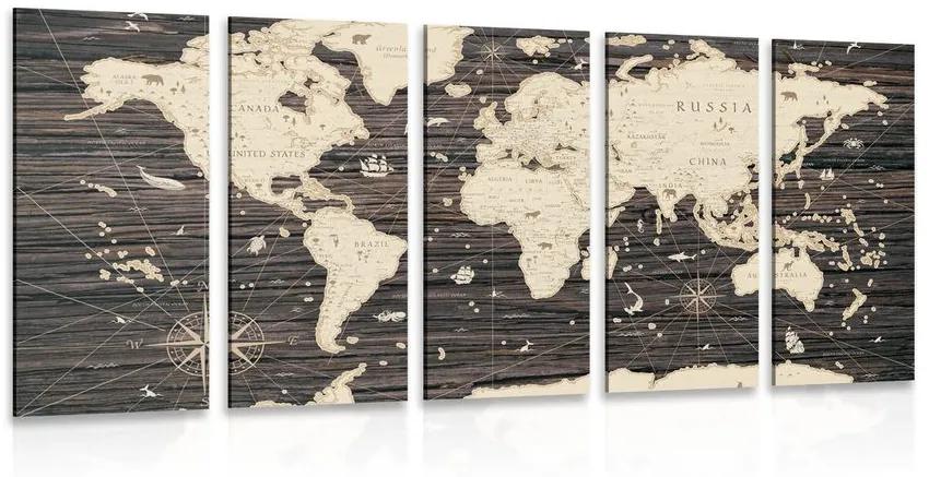 5-dielny obraz mapa na drevenom pozadí Varianta: 200x100