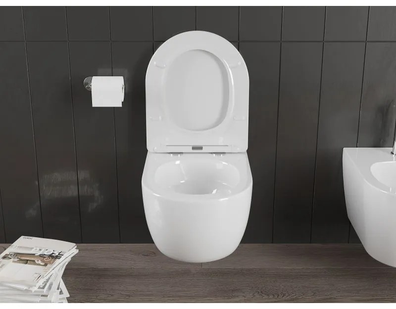 Mexen Carmen, závesná WC misa 490x365x340 mm, Rimless Tornádo + WC sedadlo z duroplastu, biela lesklá, 30880400T