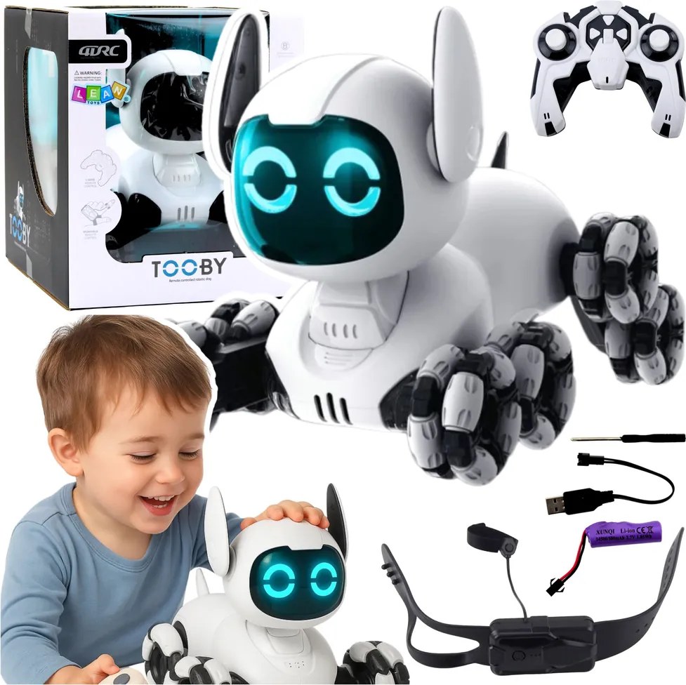 LEAN Toys Robotický pes TOOBY s diaľkovým ovládaním RC, 360°, svetlá, zvuky, čierno-biely