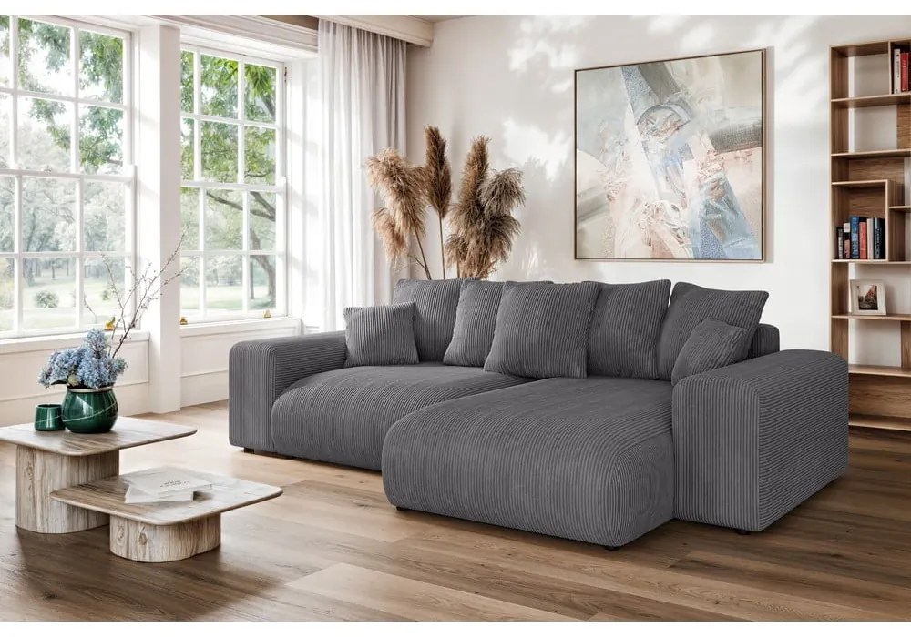 Sivá menčestrová rozkladacia rohová pohovka s úložným priestorom (variabilný roh) Luma – Ropez