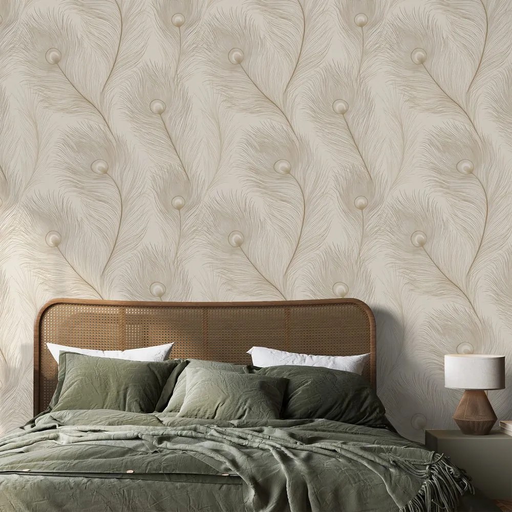 Samolepiaca fototapeta béžová elegancia s vtáčími perami