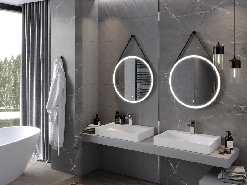 Mexen Reni, LED kúpeľňové zrkadlo s podsvietením 70x70 cm, 6000K, čierny rám, ochrana proti zahmlievaniu, 9812-070-070-611-70