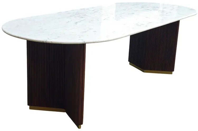 Jedálenský stôl GATSBY 240 cm oválny, mangové drevo, rám v tvare V, mramorová doska, biely