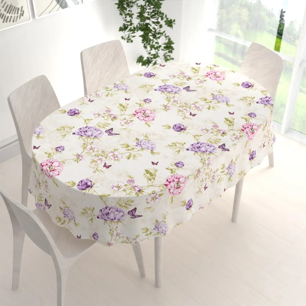 Biante Bavlnený oválny obrus Sandra SA-532 Fialové kvety s motýlikmi na svetlo krémovom 120x180 cm