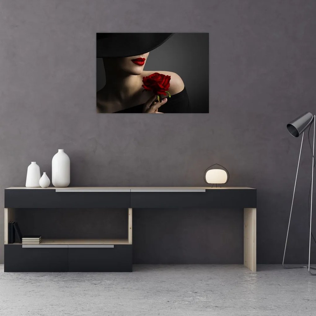 Sklenený obraz - Žena s ružou (70x50 cm)