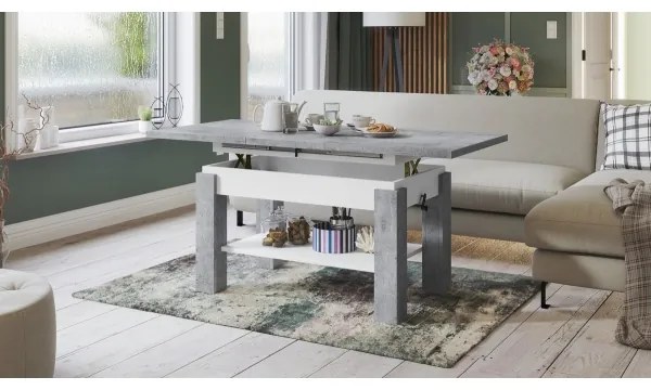 Rozkladací konferenčný/jedálenský stôl s policou ADONIS šedá betón/biela