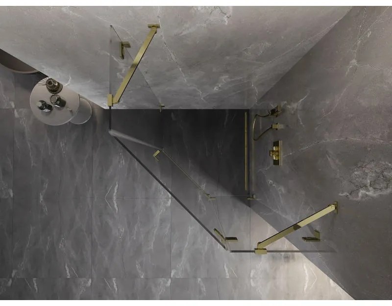 Mexen Lunar, výklopný päťuholníkový sprchový kút pravý 100 x 100 cm, 8mm číre sklo, zlatý profil, 831-100P-100L-50-00-P