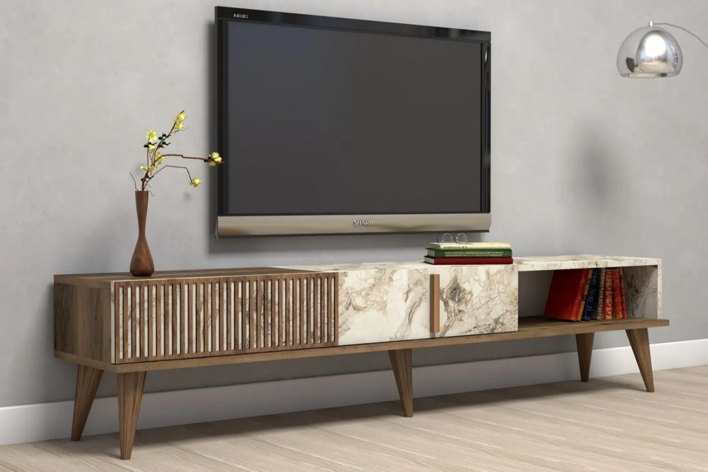 Dizajnový TV stolík MILAN 180 cm, MDF, orechová dýha, mramorový vzhľad