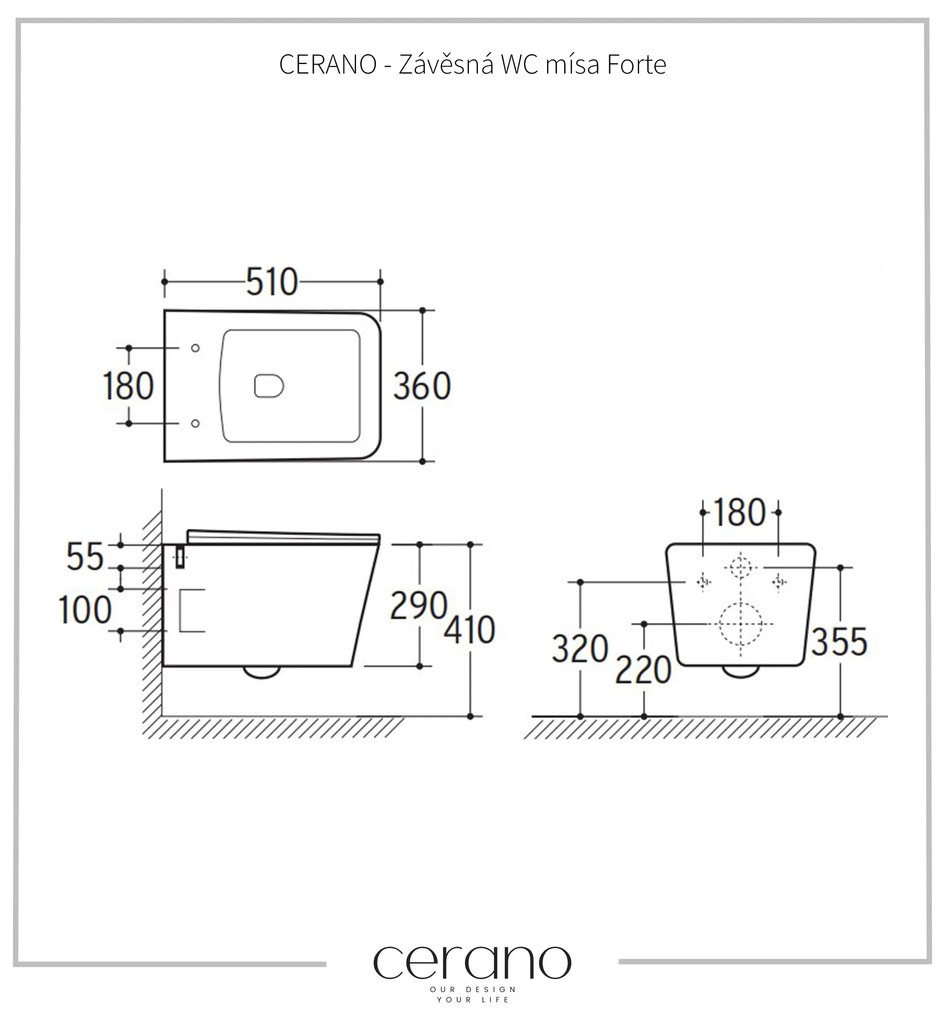 CERANO - Závesná WC misa Forte + UF sedátko, Rimless - čierna matná, CER-CER-538750
