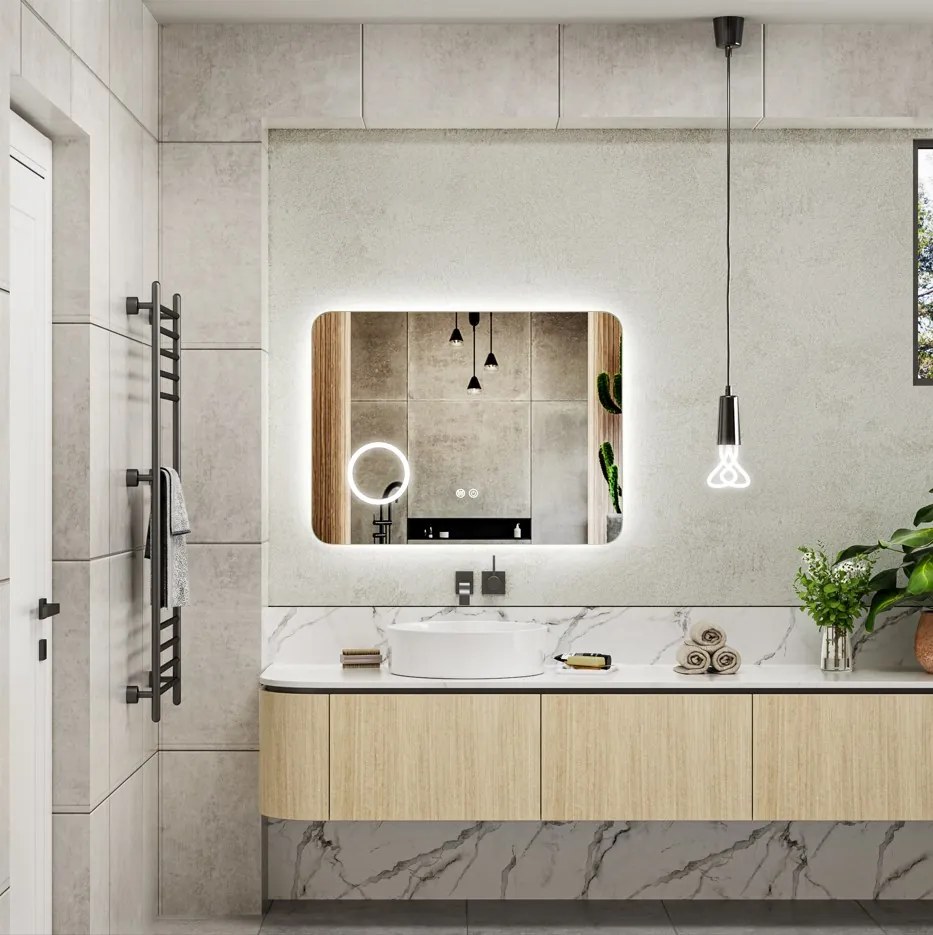 Erga Myra, LED zrkadlo 80x60 cm s kozmetickým zrkadlom 3x zväčšenie, 3146 lm, 3 farby svetla, zadné osvetlenie, ERG-V01-MYRA-8060-00