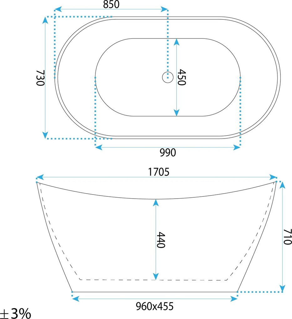 Rea Ferrano Slim, voľne stojaca vaňa 170x73 cm, imitácia kameňa, čierny click-clack, KPL-W6505