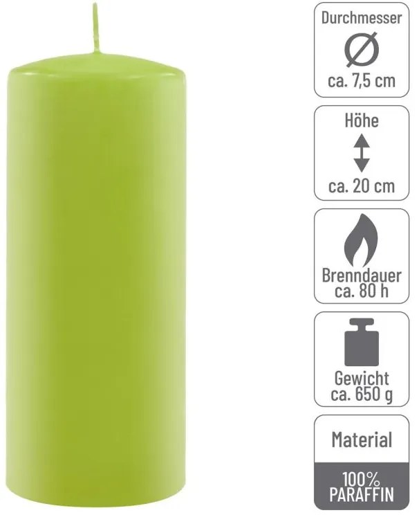 Sada stĺpových sviečok, 20 cm, Ø 7,5 cm, svetlozelená, 4 ks