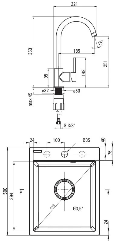 Deante Corio, granitový 1-komorový drez 500x400x211mm + čierna drezová batéria, šedá metalíza, DEA-ZRCBS103