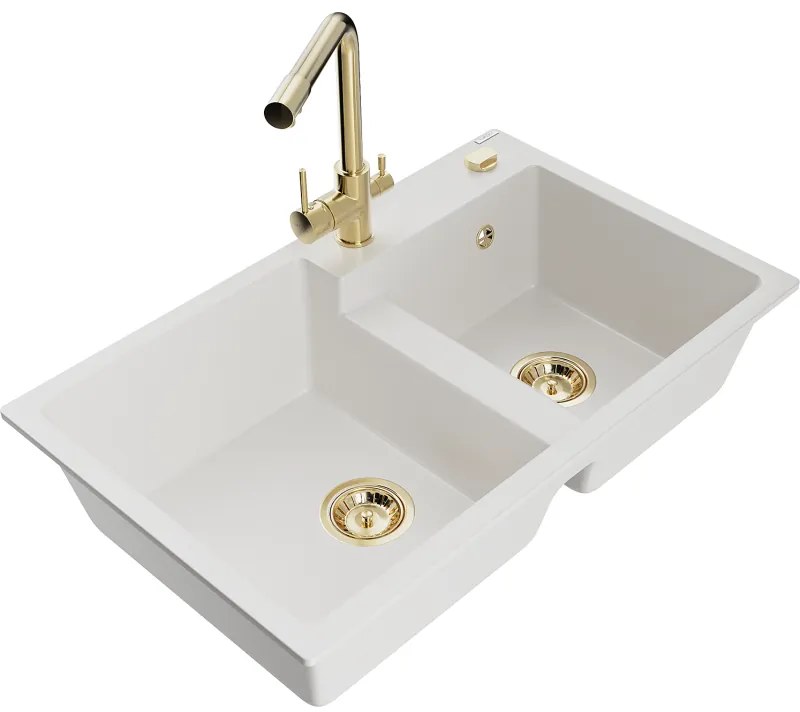 Mexen Tomas, granitový drez 800x500x190 mm, 2-komorový a biela batéria Duero, biela, 6516-20-671600-50