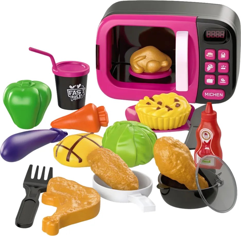LEAN Toys Detská hračka Mikrovlnná rúra na potraviny 360 otáčok Svetlá Zvuky Ružová