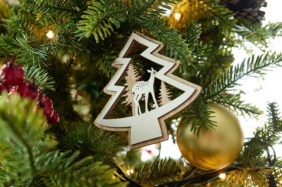 DECOLED Závěsná dřevěná dekorace, stromek, 13,5x12,5 cm