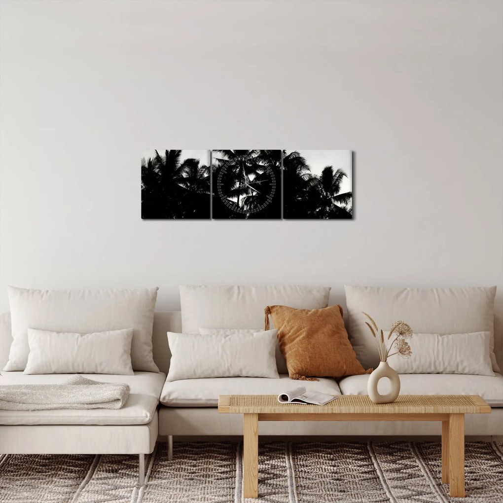 Obraz čiernobiely - palmy (s hodinami) (90x30 cm)