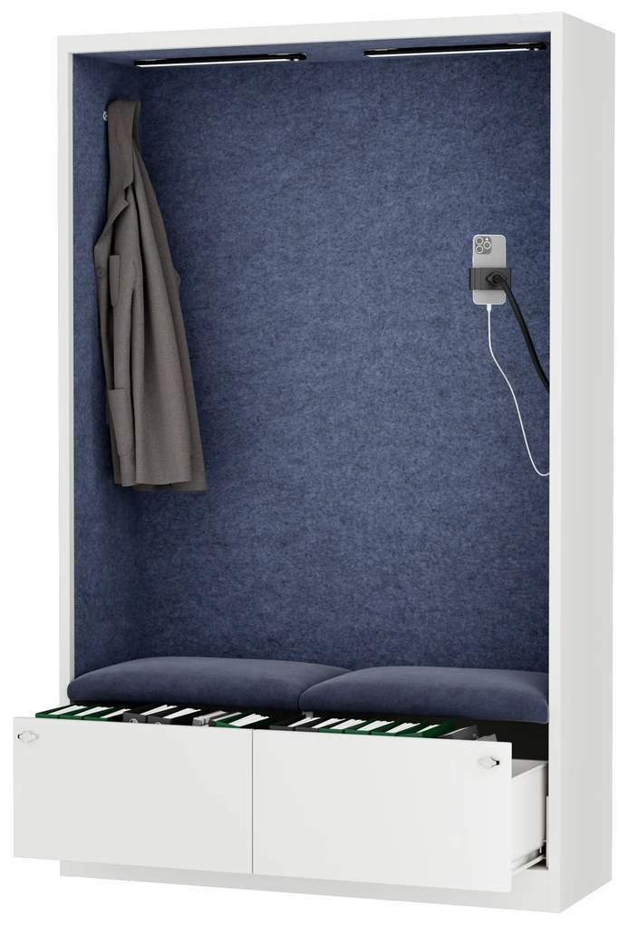 Kancelárska akustická kabína so sedadlom a portom USB-C, telo v biely / sedák tmavomodrá v zelenej farbe, 1150 mm: SALLY MentalBox