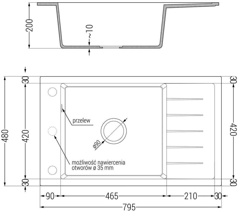 Mexen Elias, granitový drez 795x480x200 mm, 1-komorový a drezová batéria Carla, čierna-strieborná metalíza, 6511-73-670700-00