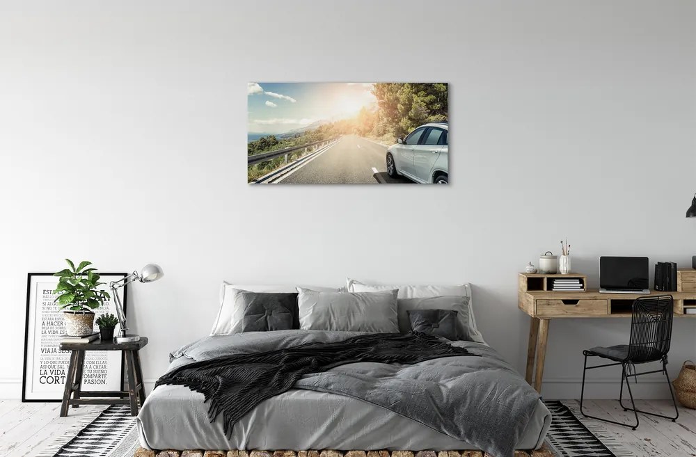 Obraz canvas Hory mraky auto cesty strom 125x50 cm