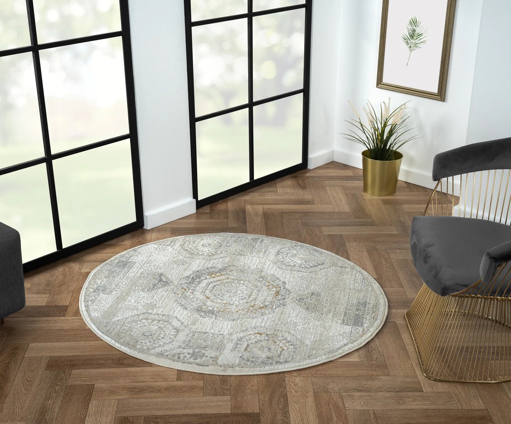 My Flair, Kusový koberec My Kazak CA60042 creme kruh, 120x120 (priemer) kruh, šedá, chodba / predsieň