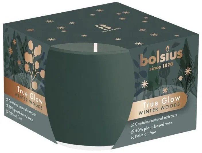 Slovakia Trend Sviečka Bolsius True Glow, v skle, rastlinný vosk, vôňa zimnej dreviny, 24 hod., 63x90 mm