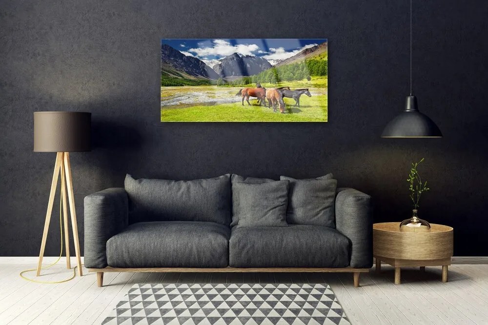 Skleneny obraz Hory stromy kone zvieratá 120x60 cm