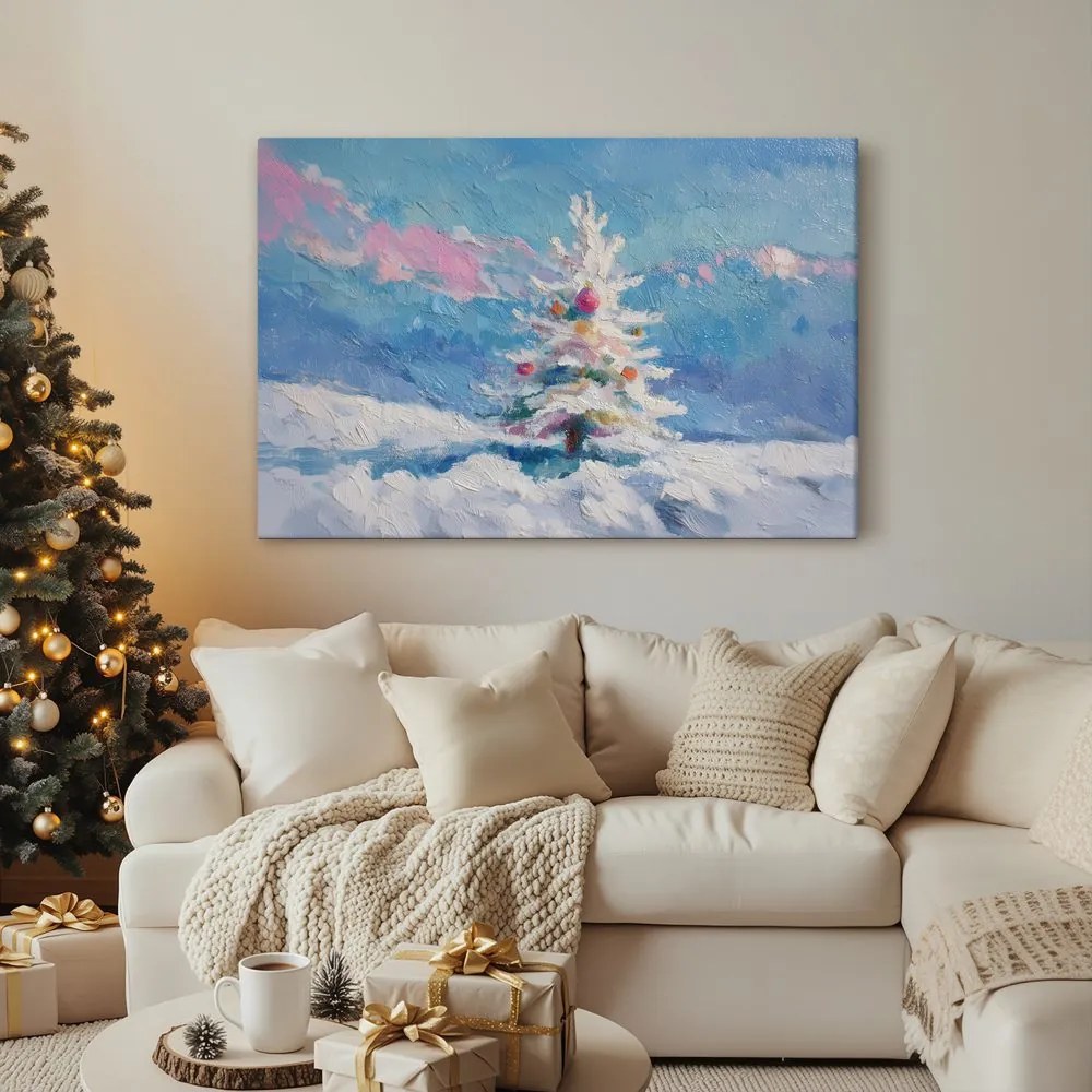 Obraz vianočný stromček v zasneženej krajine