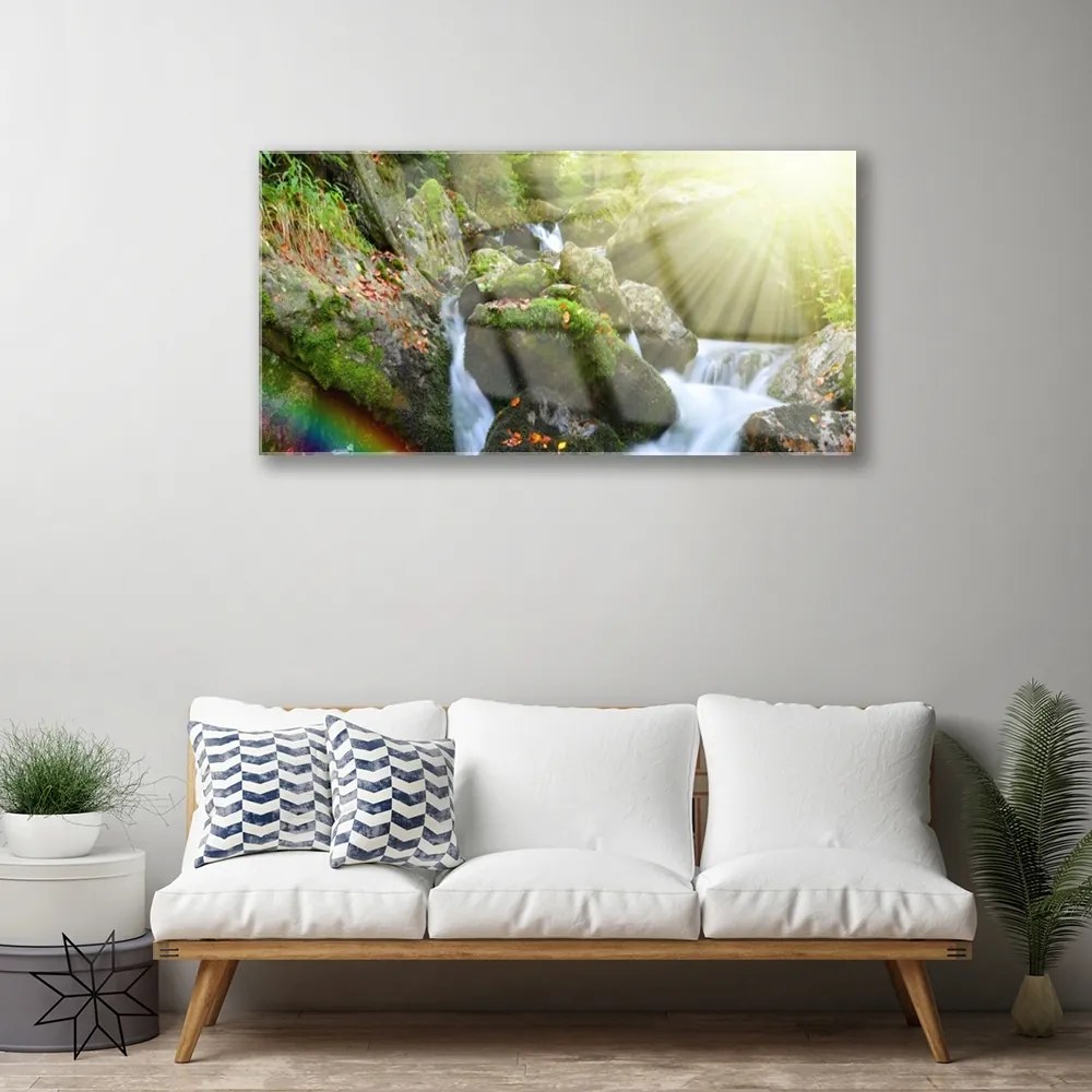 Skleneny obraz Vodopád dúha príroda potok 125x50 cm