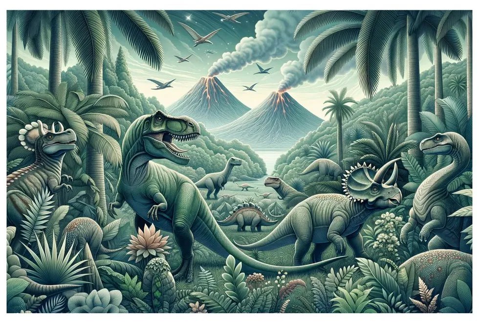 Obraz dinosaury v pralesnej krajine so sopkami