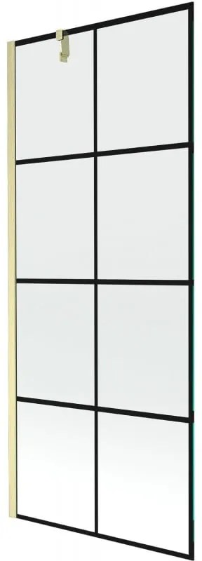 Mexen Next, 1-krídlová vaňová zástena 80 x 150 cm, 6mm číre sklo - čierny vzor, zlatá matná, 895-080-000-00-77-55