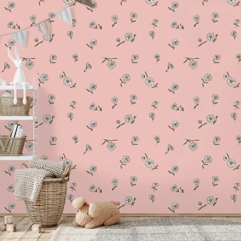 Samolepiaca tapeta ružové pozadie s bielymi kvietkami