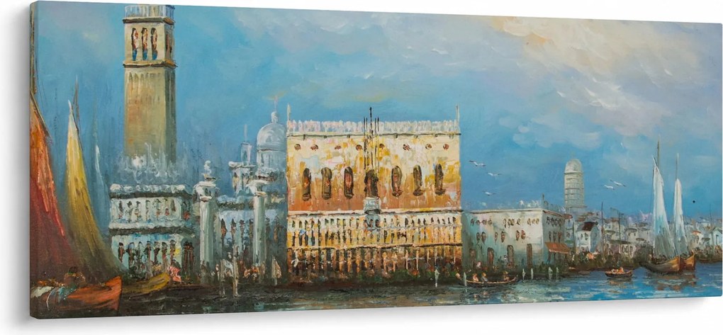 Obraz - Gondola prechádzajúca Benátkami, olejomaľba (120x50 cm)