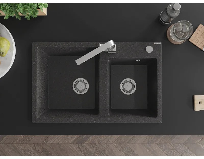 Mexen Tomas, granitový drez 800x500x190 mm, 2-komorový a chrómová batéria Rita, čierna škvrnitá, 6516-76-670300-00