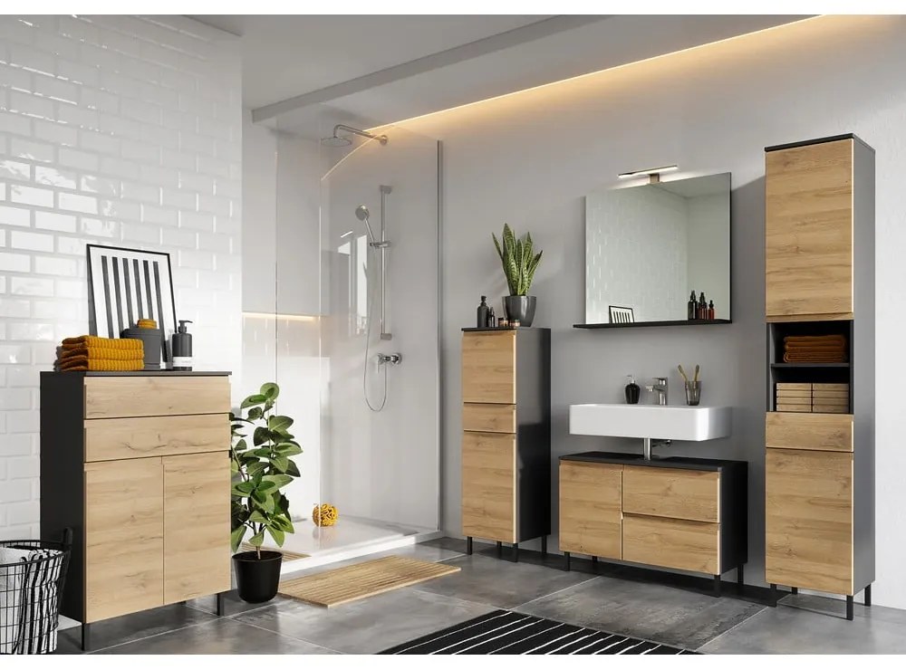 Tmavosivá vysoká kúpeľňová skrinka v dekore duba 34x120 cm Salinas - Germania