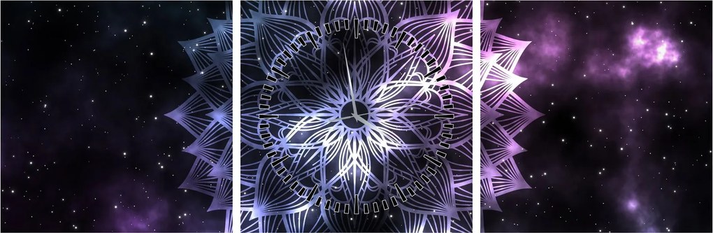 Obraz - Lotusová mandala vo vesmíre (s hodinami) (90x30 cm)