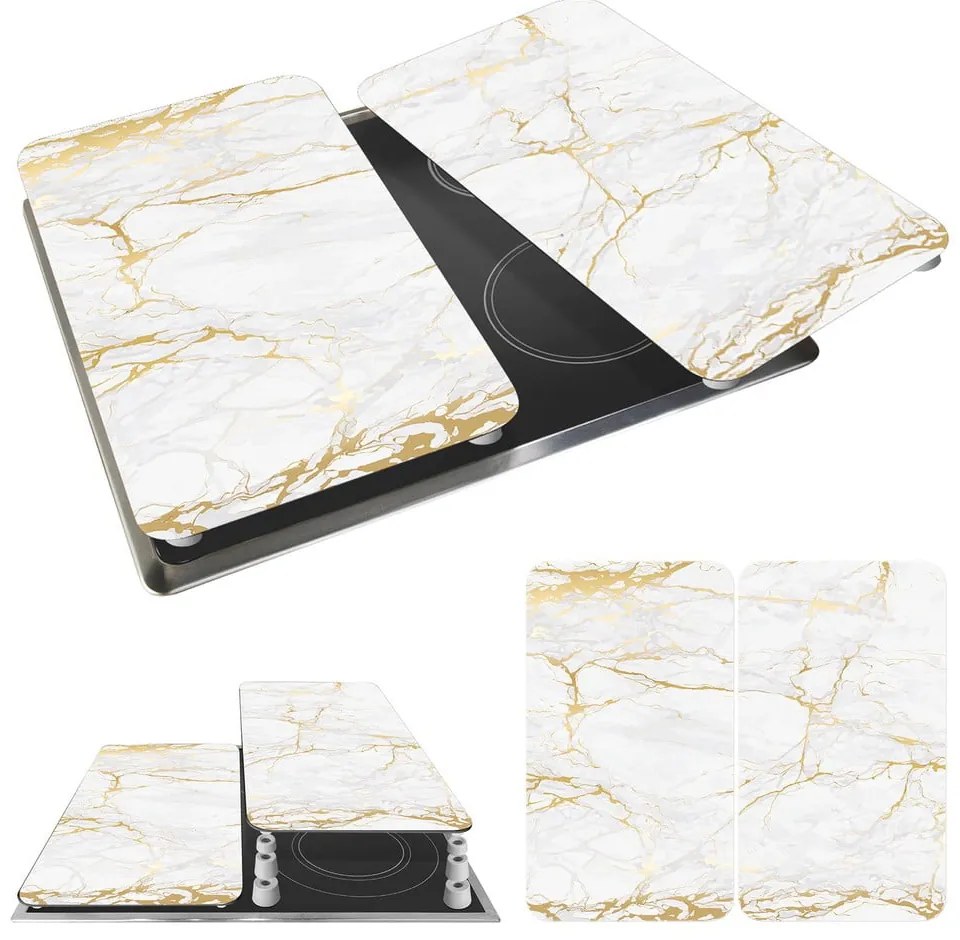 Sada 2 sklenených krytov na sporák v bielo-zlatej farbe Wenko Marble, 52 x 30 cm