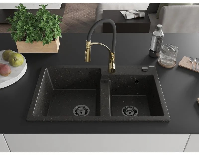 Mexen Tomas, 2-komorový granitový drez 800x500x190 mm a drezová batéria Aster, čierna-zlatá metalíza, 6516-75-73450-57-B