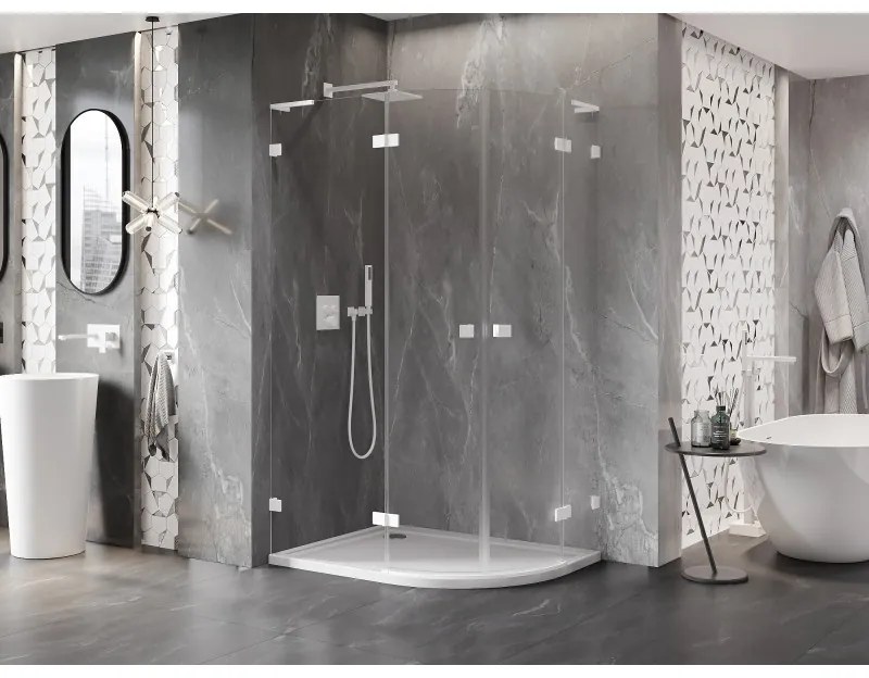 Mexen Lunar, L polkruhový sprchový kút naklápací doľava 90 x 80 cm, 8mm číre sklo, biely profil, 833L-090L-080P-20-00
